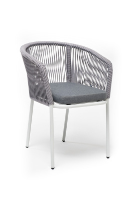 "Марсель" стул плетеный из роупа, каркас алюминий белый муар, роуп светло-серый круглый, ткань светло-серая